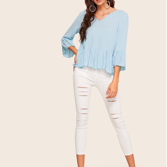 SHEIN Flounce Sleeve Ruffle Hem Smock Top - Picture 2 of 6